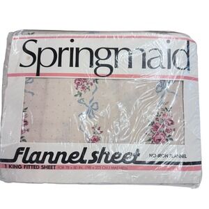 New Springmaid King Fitted Sheet Vintage Pink Floral Rose Flannel Cream King